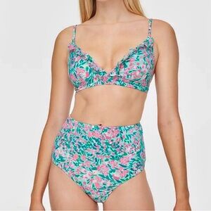 J.Crew Factory NWT Floral Printed Bikini Set Turquoise/Pink Sz.XS Beach Resort